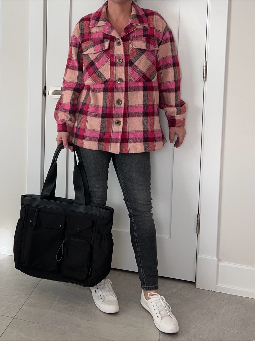 Christina Lei Plaid Button-Up Shacket Jacket in Pink